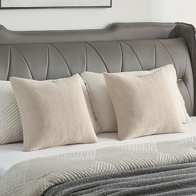 FUTEI Beige Chenille Throw Pillow Covers 20x20 Inch Set of 2,Soft Striped & Diamond Textured Cushion Cases,Modern Home Decor for Couch Living Room