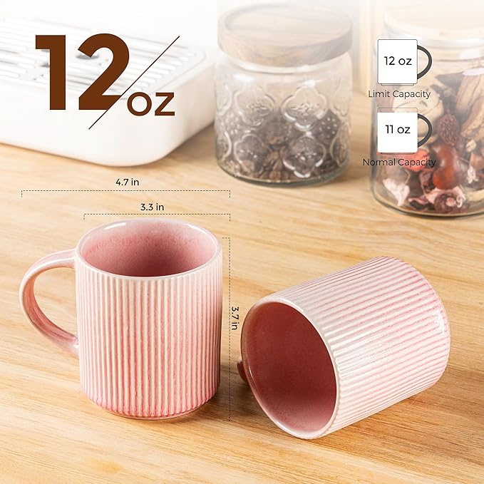 GBHOME 12oz Stoneware Coffee Mugs, Ceramic Coffee Cups with Handle for Man,Woman,Dad,Mom, Modern Coffee Mugs Set of 6 for Latte/Cappuccino/Cocoa/Tea/Cocoa/Milk. Dishwasher&Microwave Safe,Pink