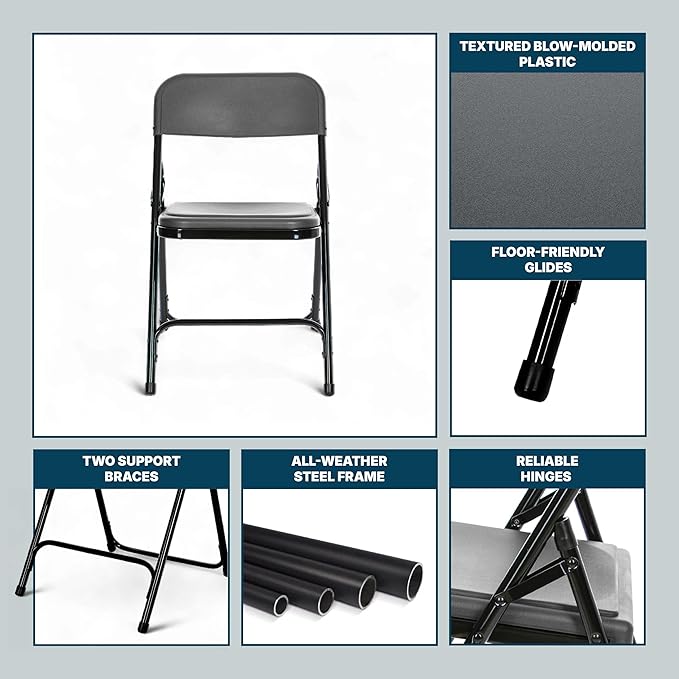 OEF Furnishings OEF800 Series Premium Heavy-Duty Plastic Folding Chairs, Lightweight, Durable Seating for Indoor and Outdoor Use, 500 lb Capacity (4-Pack, Gray Plastic with Black Frame)