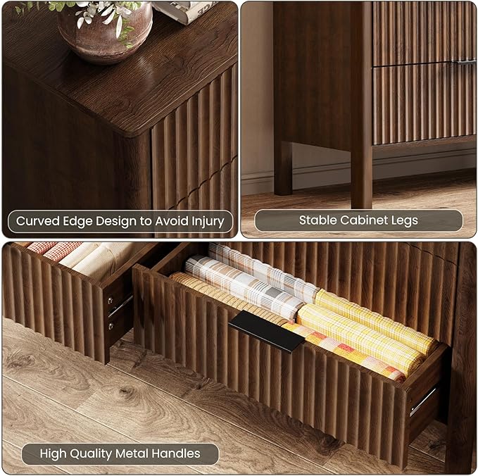 55" Wide Fluted 6 Drawer Dresser for Bedroom, Wooden Dresser Modern Chest of Drawers TV Stand Dressers with Organizer Storage for Bedroom, Living Room, Entryway, Hallway, Walnut