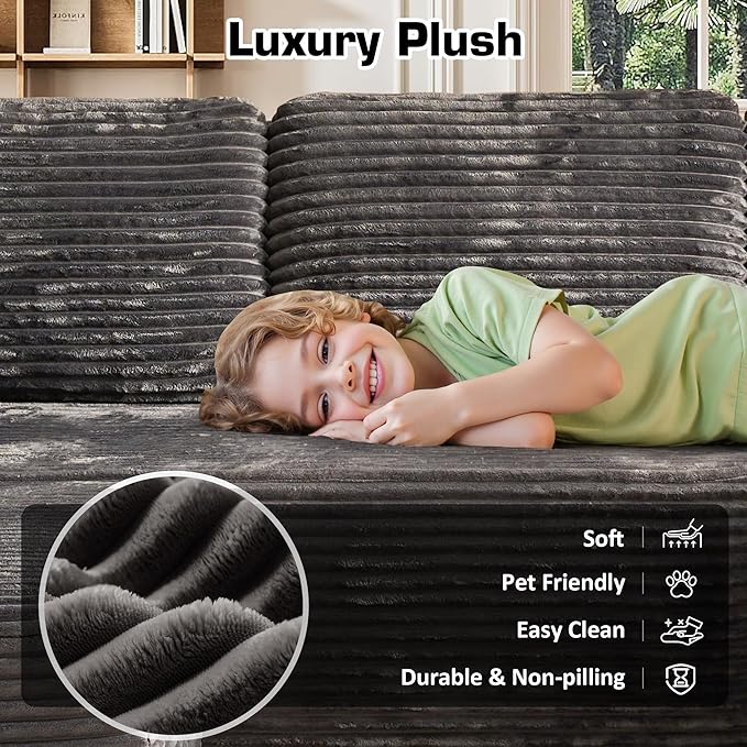 106" Cloud Sectional Couch with L-Shape Chaise & Ottoman, No Assembly Modular Sofa, Deep Seat Plush Corduroy Boneless Couched for Living Room (Gray Plush Corduroy, Right Facing Chaise with Ottoman)