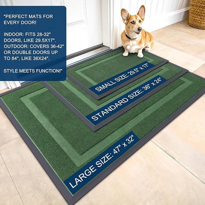 OLANLY Front Door Mat Indoor Outdoor Entrance, Waterproof All-Season, All-Weather Doormat, Sturdy Natural Rubber, Fade Resistant, Low Profile, Easy Clean Patio Porch Entryway Mat, 59x20, Green