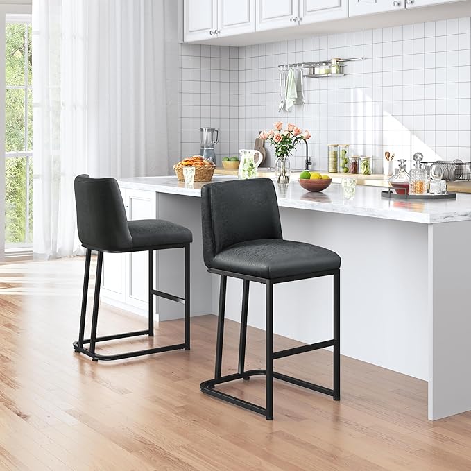 Yaheetech Bar Stools Set of 2, Counter Height Kitchen Stools 24'' Modern Leather Upholstered Bar Chairs with Back and Metal Legs for Kitchen Counter, Dark Gray