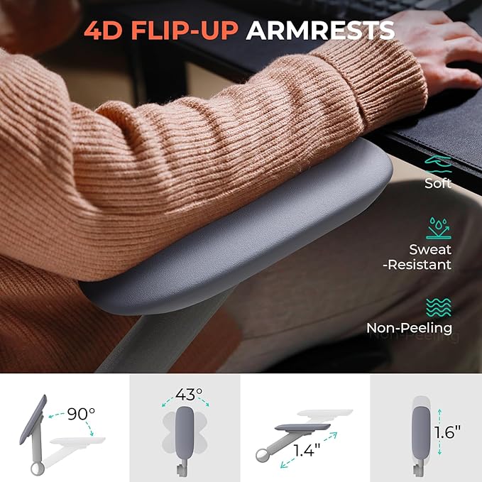CAPOT Ergonomic Mesh Office Chair, Adjustable Lumbar High Back Desk Chair 400lbs, 4D Flip-up Arms, 3 Tilt Backrest, 3D Headrest, PU Wheels, Swivel Rolling Computer Seating for Long Desk Work - Grey