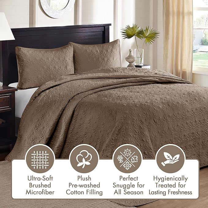 Madison Park Quebec Reversible Damask Design, Double Sided Quilting All Season, Lightweight Coverlet Bedspread Bedding Set, Matching-Shams, Queen(102"x118"), Mocha