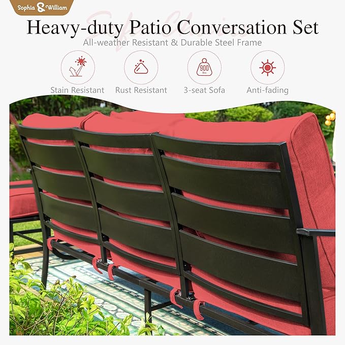 Sophia & William Patio Furniture Sets for 7 Outdoor Conversation Set 6 Pcs with 4 x Armrest Cushioned Sofa Chairs, 1 x 3-Seat Sofa, 1 Marbling Metal Coffee Table Garden Backyard Poolside Red