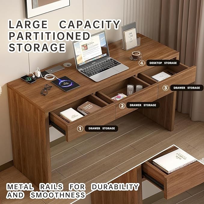 Executive Desk with Drawers, Computer Desk with Drawers with Pre-Embedded Slots, 55 inch Modern Walnut Home Office Desk with Charging Station for Study, Living Room, Bedroom