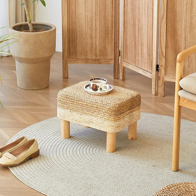 Ottoman Foot Stool Rectangular Footrest Natural Seagrass Footstool with Wooden Legs Hand Weave Multifunctional Modern Dressing Stool, Sofa Side Table for Bedroom for Living Room (White)