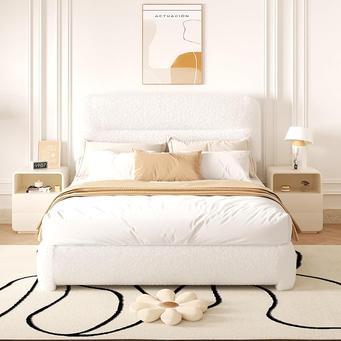 Full Size Cloud Bed Frame, Upholstered Boucle Platform Bed with Adjustable Headboard, Anti-Collision Soft Rounded Corners, Noise Free, Easy Assembly, White