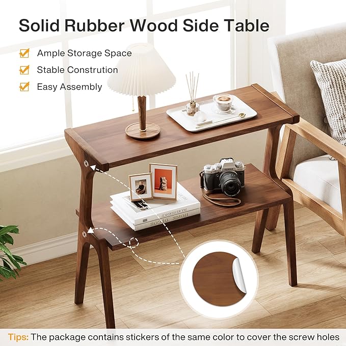 Tribesigns Solid Wood Side Table, 2-Tier Farmhouse Couch Side Table, Rustic Slim Tall Sofa End Table with Storage Shelf for Living Room, Skinny Bedside Table, Nightstand for Bedroom, Rustic Brown