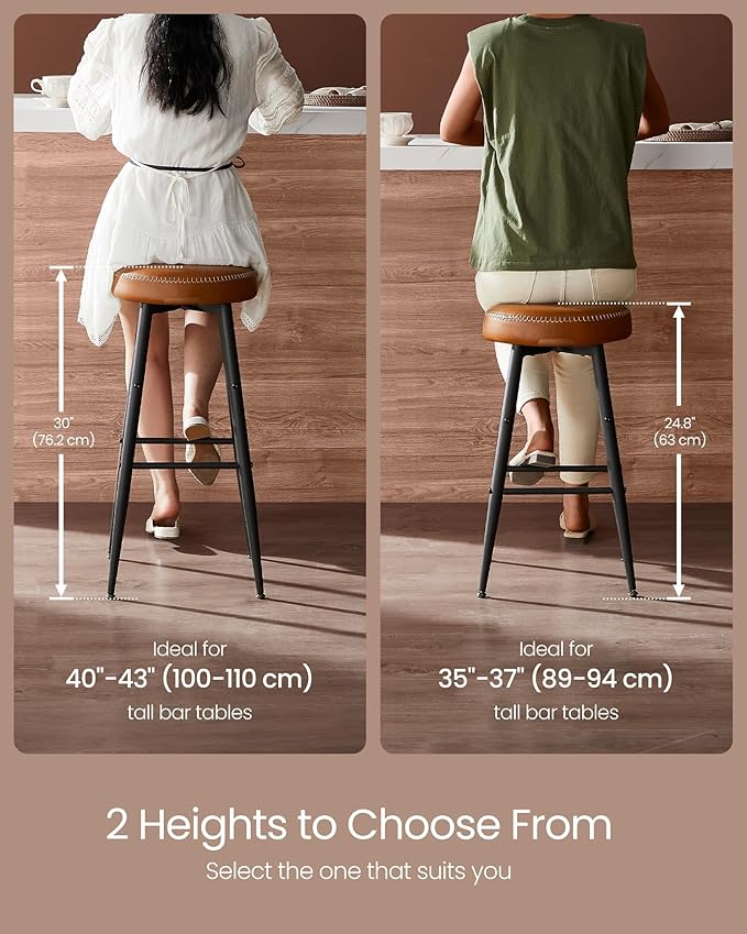 VASAGLE EKHO Collection - Bar Stools Set of 2, Bar Height Bar Stools, Kitchen Counter Stools, Mid-Century Modern Backless Counter Stools, 30-Inch Tall, Kitchen Island Home Bar, Caramel Brown