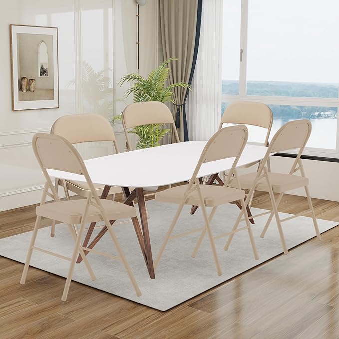 6 Pack Khaki Folding Chairs with Comfortable Cushion and Back, 330LBS Capacity, Portable & Foldable Indoor Outdoor Chairs with Durable Metal Frame for Office Party Events Kitchen Dinning Wedding