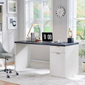 JXQTLINGMU 60" Modern Executive Desk with Storage, Wood Home Office Desk with Drawer & Cabinet, Fluted Computer Writing Desk for Study, Living Room, Bedroom, Antique White