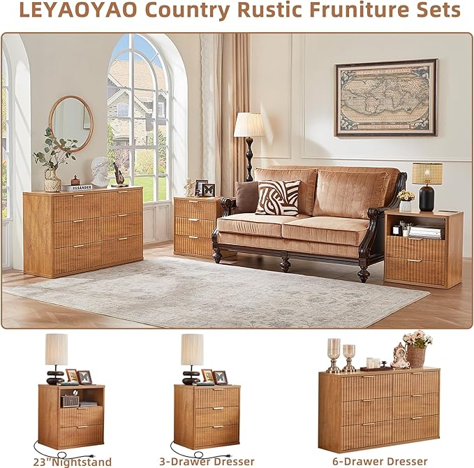 LEYAOYAO Fluted Farmhouse Nightstand Set of 2 with Charging Station, 23" Wide 2 Drawers End Table,Brown Dresser for Bedroom,Bed Side Table Chest of Drawers Cabinet,Wood Night Stand for Living Room