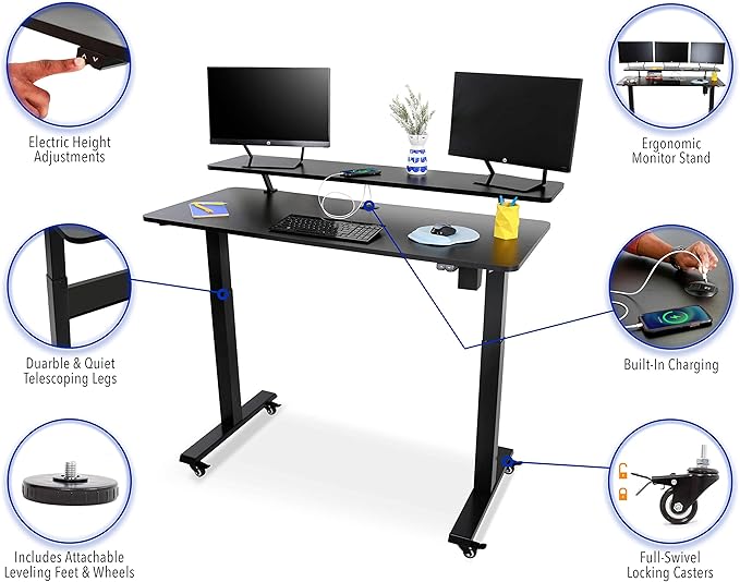 Stand Steady Tranzendesk Power | 55 Inch Electric Standing Desk with Built-In Charging | Height Adjustable Stand Up Desk with Clamp On Shelf | Electronic Desk with 1 AC Outlet & 2 USB Ports (55/Black)