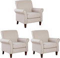 Prilinex Upholstered Living Room Chair Set of 3 - Large Comfy Fabric Accent Chair Single Sofa with Cushion, Rolled Armrest & Nailhead Trim, Mid Century Farmhouse Armchair for Bedroom, Office, Beige