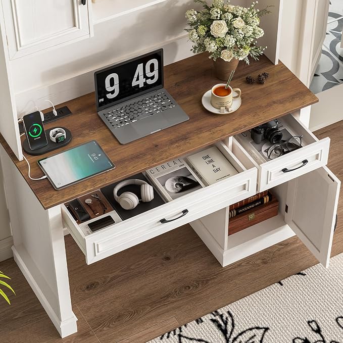 Farmhouse 47" Executive Desk with Hutch, 2 Drawers and LED Light, Computer Desk with Storage Cabinet and Charging Station,Workstation for Home Office and Study.Unique White