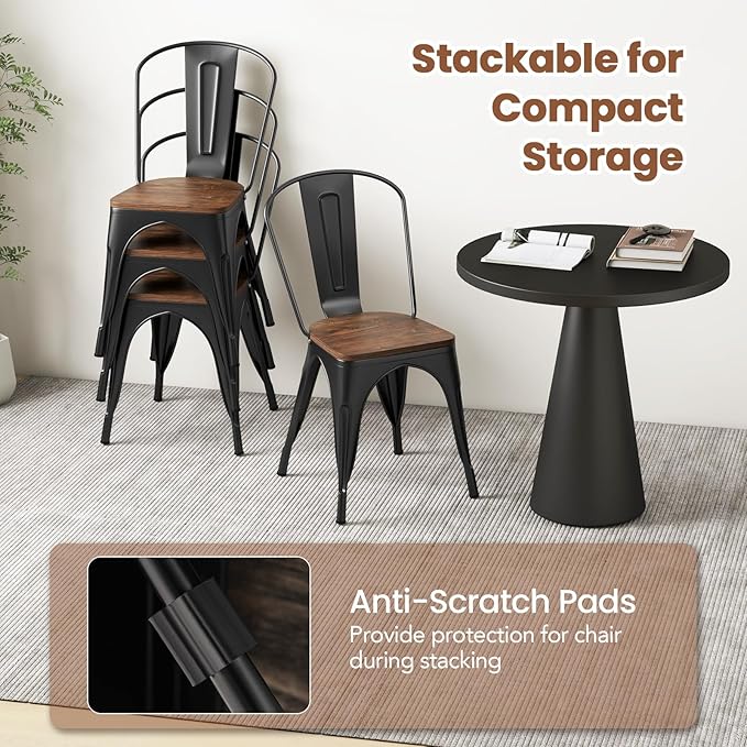 COSTWAY 18 Inch Dining Chair Set of 4, Industrial Vintage Stackable Metal Chairs, Counter Bar Chairs with High Backrest, Wood Seat, for Home, Kitchen and Cafe Bar Use