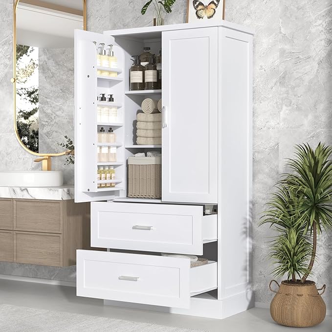 Polibi Tall Storage Cabinet with 2 Doors, 2 Drawers, 4-Tier Storage Racks of Each Door, Adjustable Shelf, Floor Free-Standing Cabinet for Bathroom, Living Room, MDF, White