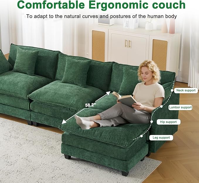 111.4" Cloud L Shaped Sectional Couch with Ottoman｜Modular Chenille Sofa with 29.1" Deep Seat｜FSC Solid Wood Frame｜Easy Assembly & 1YR Guarantee｜for Living Room Bedroom Apartment