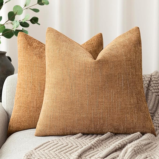 Foindtower Set of 2 Soft Textured Chenille Throw Decorative Pillow Covers Square Accent Solid Cushion Cover Neutral Farmhouse Pillow Case for Couch Sofa Bedroom Living Room 16x16 Inch,Golden Brown