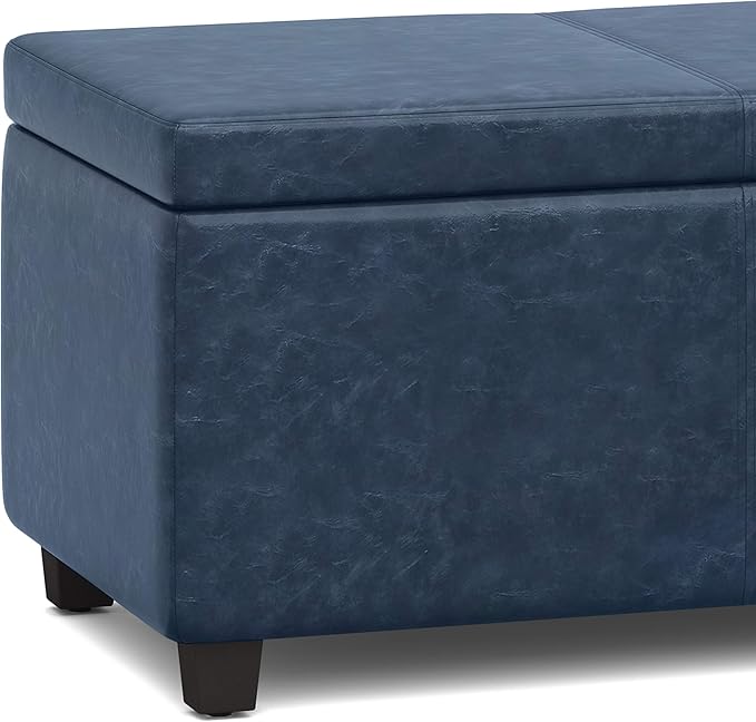 SIMPLIHOME Avalon Storage Ottoman Bench - 48 inch Wide Upholstered Vegan Leather Rectangular Lift-Top Ottoman in Denim Blue, Contemporary Storage Bench for Living Room with High-Density Foam