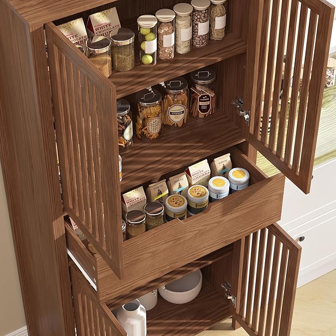 Set of 3 Rustic Brown 69" Tall Farmhouse Storage Cabinet with Drawer & Adjustable Shelves, Grille Door Organizer Unit, Anti-Tip Design for Bathroom,Kitchen,Living Room