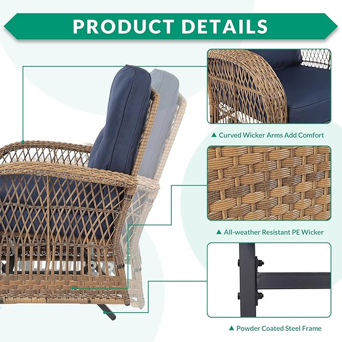 VIVIJASON 4-Piece Outdoor Patio Wicker Conversation Sets, All Weather Outdoor Rattan Furniture Set Includes Glider Loveseat, Coffee Table, 2 Glider Rocker Chairs w/Cushion for Lawn Balcony, Navy Blue