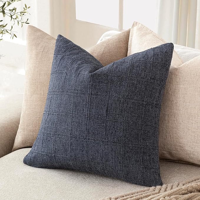 Foindtower Set of 2 Decorative Linen Check Throw Pillow Covers Neutral Farmhouse Vintage Cushion Covers Modern Boho Home Decor for Sofa Chair Couch Bedroom Living Room,16×16 Inch,Navy Blue