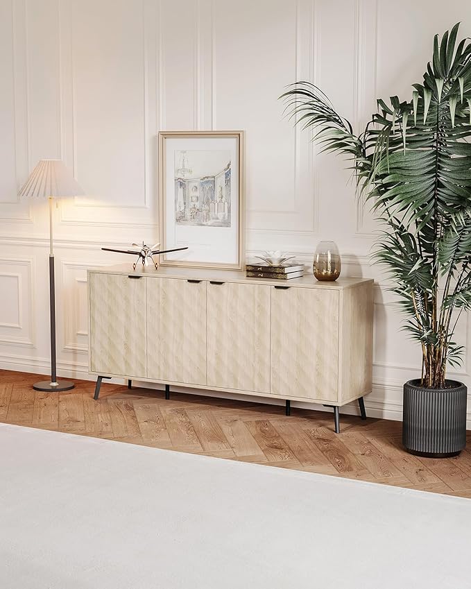 Mid-Century Modern Sideboard Cabinet, 63” Buffet with Storage, Diamond-Textured Credenza with 4 Doors, Multifunctional Accent Cabinet for Kitchen, Dining Room, Living Room (Natural Oak)