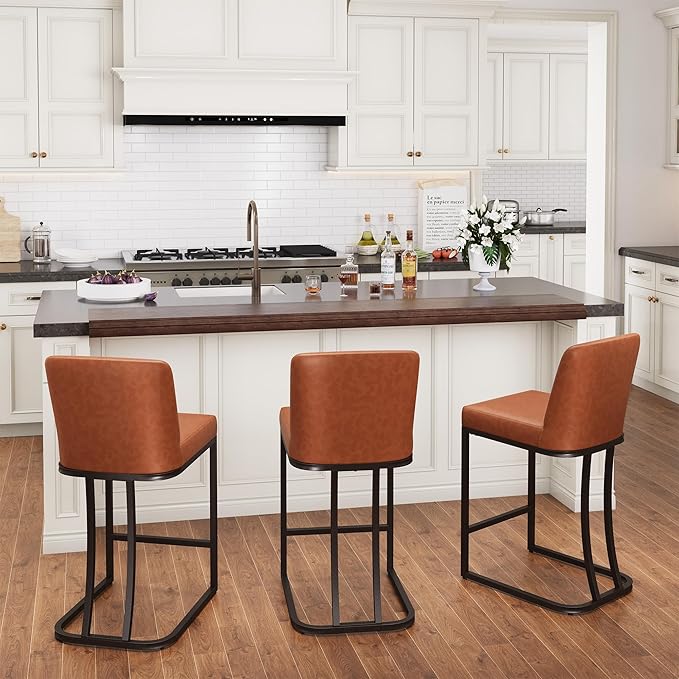 PHI VILLA Brown Bar Stools Set of 3, Faux Leather Counter Height Chairs, Kitchen Stools for Island, 24 Inch Barstools with Back