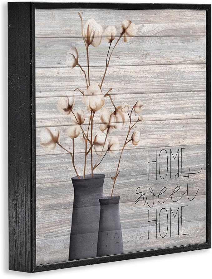 Stupell Industries Grey Sweet Home Cotton Flowers in Vase Black Framed Wall Art, 12 x 12, Multi-Color