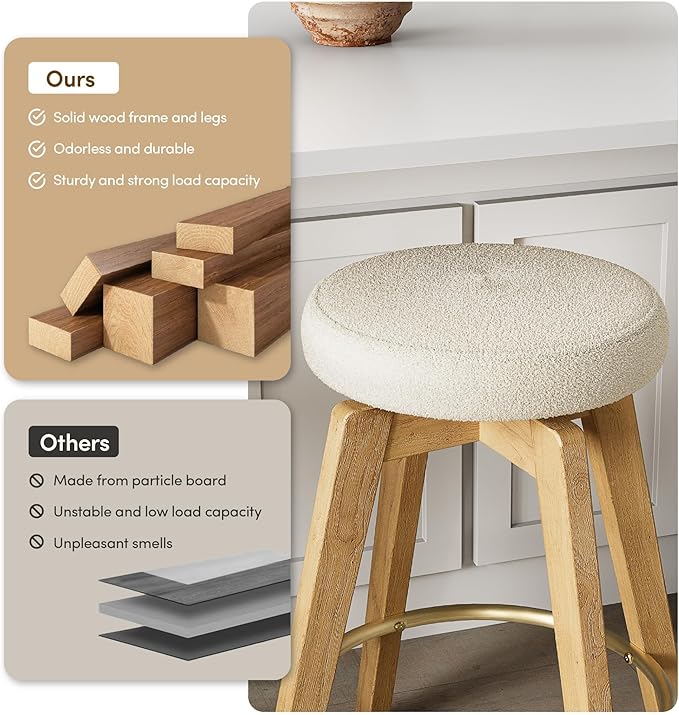 Swivel Premium Solid Wood Counter Stool 25", 360° Rotating Upholstered Cushion, Backless Bar Chair for Island, Pub, Kitchen, Dining Room (Light Oak)