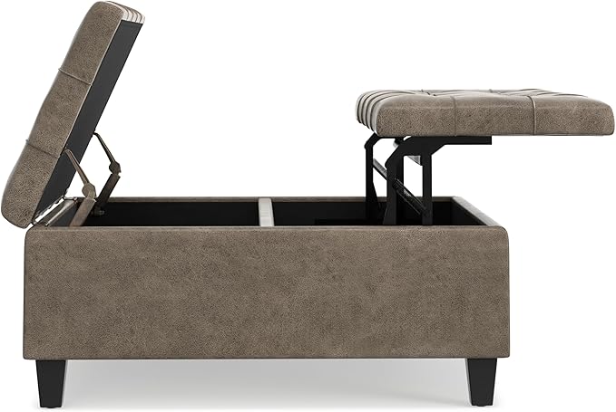 SIMPLIHOME Harrison Coffee Table Storage Ottoman - 36 inch Wide Upholstered Faux Leather Square Lift-Top Ottoman in Distressed Smoky Grey Brown, Transitional Ottoman for Living Room with Storage