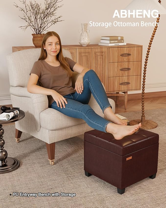 17.7 inches Synthetic Leather turfed Ottomans Cube with Legs, Metal-Framed Square Storage Ottoman Foot Rest Stool Holds 770 LB for Dorm Living Room Bedroom Brown UASND63R