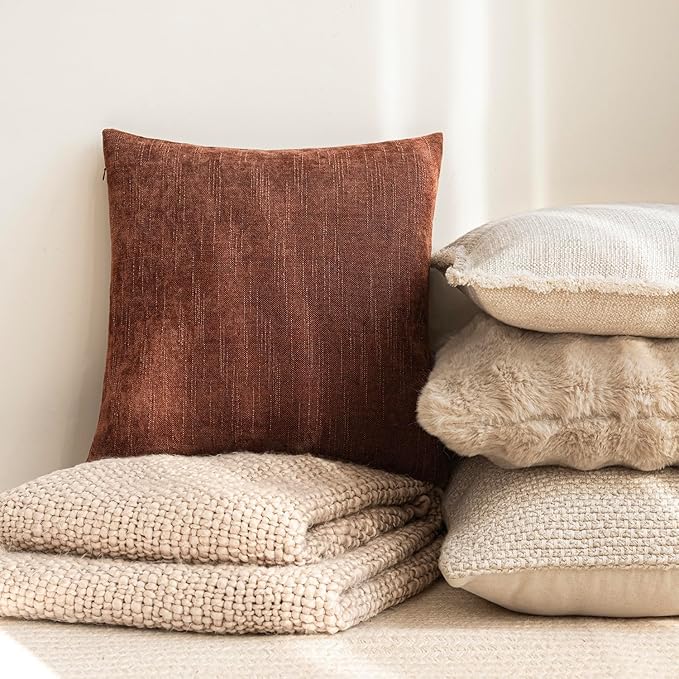 Foindtower Pack of 2 Soft Textured Chenille Throw Decorative Pillow Covers Square Accent Solid Cushion Cover Cozy Neutral Farmhouse Pillow Case for Couch Sofa Bedroom Living Room 18x18 Inch,Red Taupe