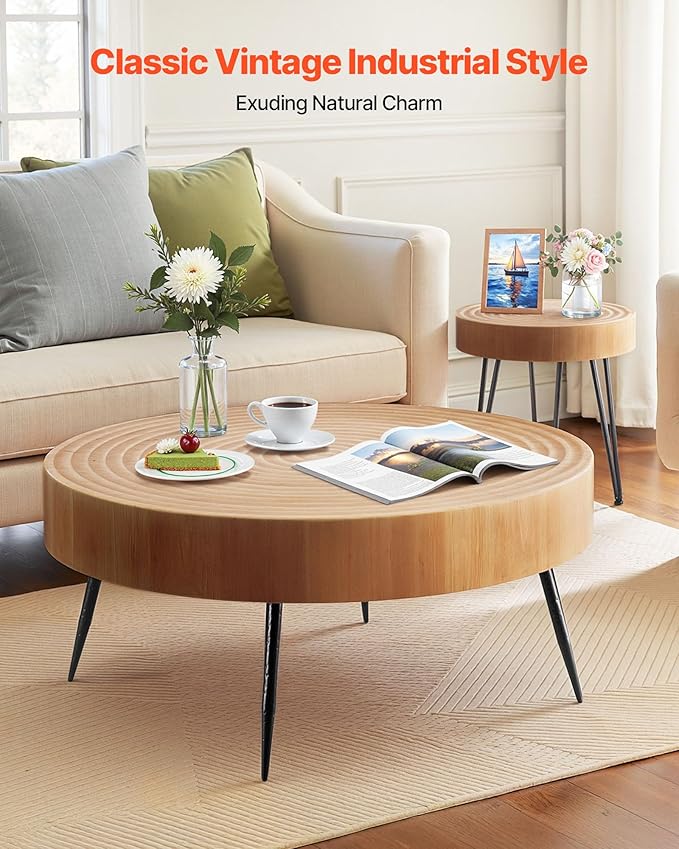 VEVOR 2 Pieces Round Coffee Tables Sets, 31.3 in Industrial Living Room Table with 1 End Side Table, Easy Assembly Coffee and End Tables Sets with Metal Legs, for Office, Living Room and Apartment