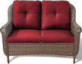 Patio Loveseat Outdoor Wicker Sofa - Heavy Duty All-Weather Brown Rattan 2-Person Sofas with High Back and Comfortable Thick Cushions for Garden Back Porch Poolside Apartment - Red