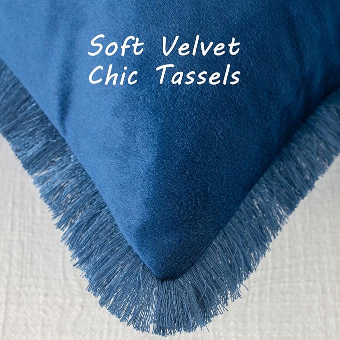 FUTEI Navy Blue Velvet Decorative Throw Pillow Covers 12x20 Set of 2,Soft Cozy Edge with Tassels Lumbar Pillow Cases,Boho Modern Home Decor for Couch Bed Living Room