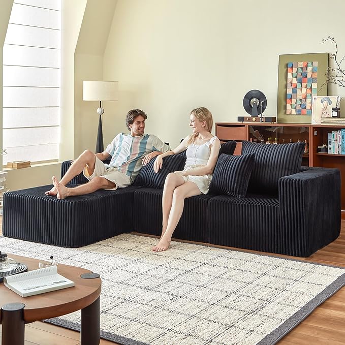 Modular Sectional Sofa, 101" Boneless Couch Sectional, Deep Seat L Shaped Sofa, All-Foam Filled Cloud Couch for Living Room (Black, Corduroy)