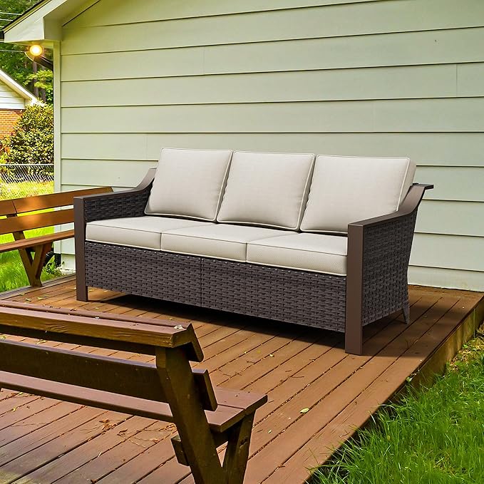 75" Patio Metal Wicker Sofa, 3-seat Deep Seat & Upholstered Couch, Outdoor All-Weather Rattan Loveseat with Washable Cushions, Steel Frame, Garden (Beige and Brown Stripe)