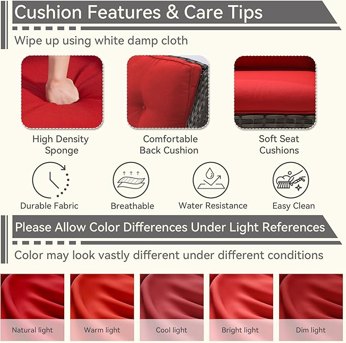 7 Pieces Outdoor Patio Conversation Set, Wicker Furniture Set Includes 3-Seat Sofa, Patio Rattan Dining Chair Set of 4, 2 Ottomans, for Porch, Yard, Mixed Brown Rattan, Red