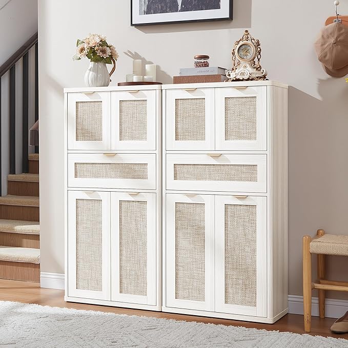 LEYAOYAO 48" Tall Storage Cabinet,Rattan Bathroom Floor Cabinets with 2 Doors & 1Drawer,Boho Kitchen Pantry with Adjustable Shelves,Wooden Cupboard for Living Room,Home Office,Dining,White Cream Oak