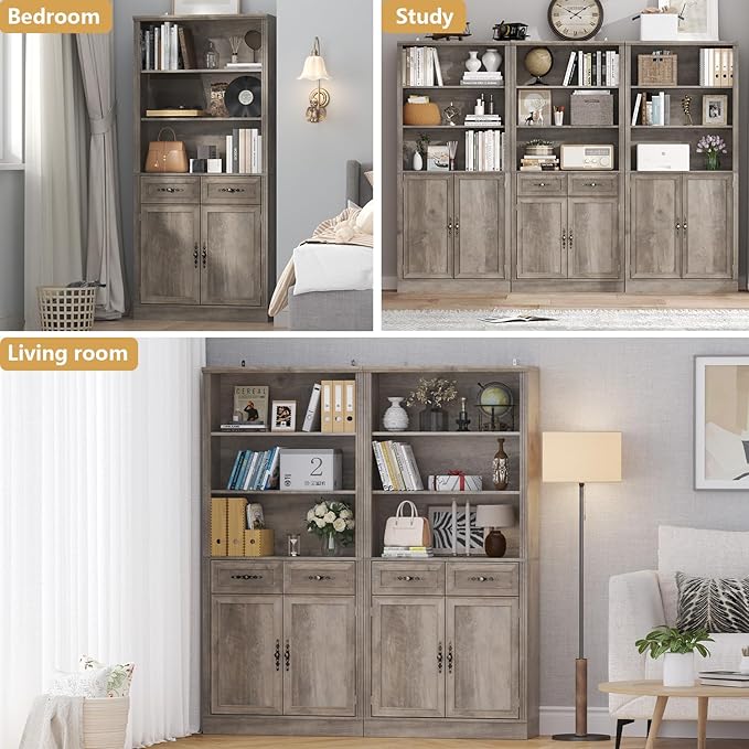 72'' Tall Bookcase with Doors and Drawers, Adjustable Shelves, P2 MDF Construction, 32'' Wide Freestanding Cabinet with Metal Handles, Hidden Storage for Living Room, Bedroom, Grey