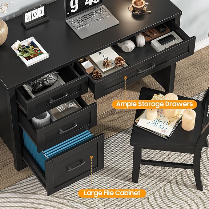 Vabches Farmhouse 47" Executive Desk with File Drawer, Wood Computer Desk with 3 Storage Drawers, Workstation for Home Office, Study, Writing.Black.