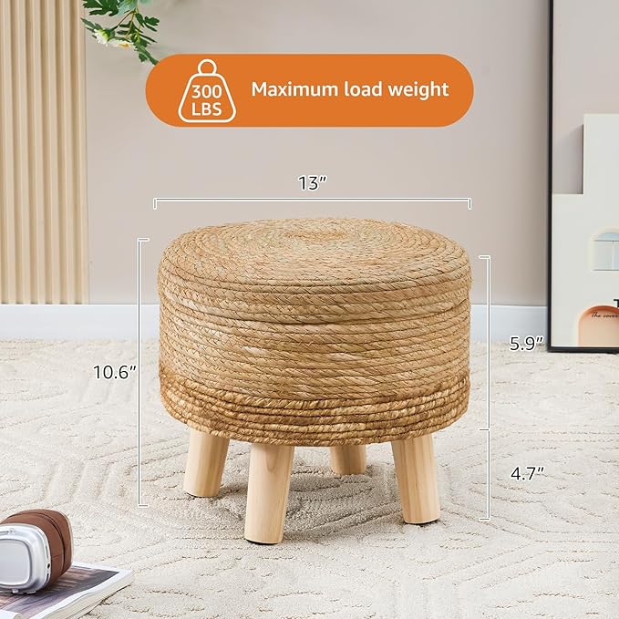 Cpintltr Storage Ottoman Poufs Handwoven Footstool Natural Seagrass Round Footrest Stool with 4 Wood Legs Soft Padded Outdoor Seat for Hallway Lounge Bedroom Garden