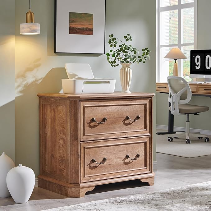 T4TREAM 34" Lateral File Cabinet with 2 Drawers, Farmhouse Filing Cabinet with 34" Wide Wooden Tabletop & Smooth Rails, Holds Letter/Legal, Hexagonal Design & Framed Drawer Fronts, Light Knotty Oak