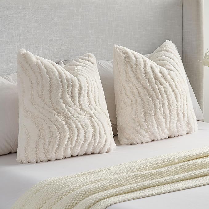 FUTEI White Decorative Throw Pillow Covers 22x22 Inch Set of 2,Soft Faux Fur Geometric Shapes Texture Cushion Case,Boho Home Decor for Couch Bed Living Room