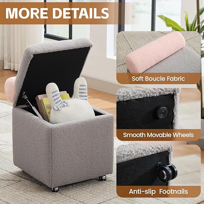 Boucle Vanity Chair with Storage, Swivel Makeup Vanity Chair with Wheels & Safety Hinge, Upholstered Vanity Stool Ottoman for Bedroom, Dressing Room, Grey