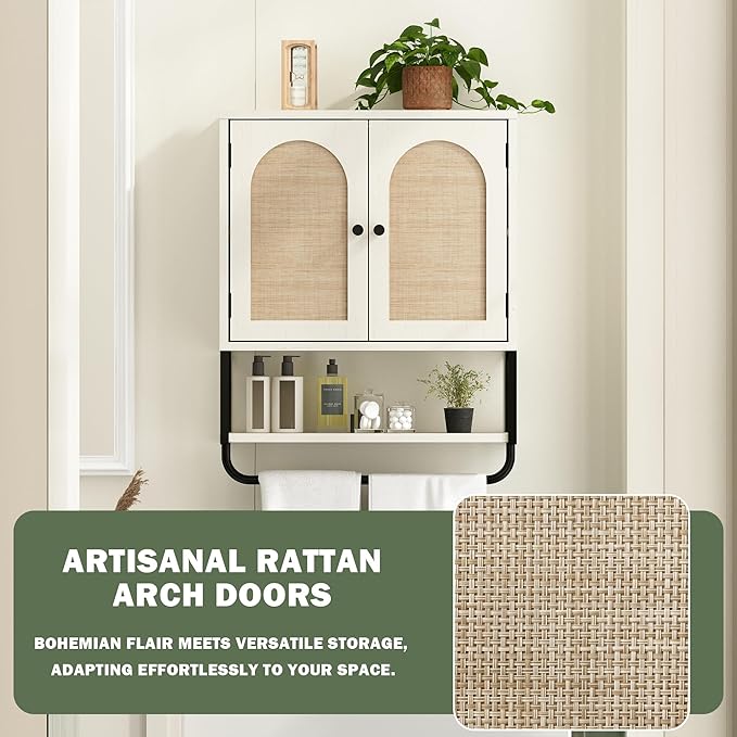 RUSTOWN Rattan Bathroom Wall Cabinet, Boho Over The Toilet Storage Cabinet with Arched Rattan Doors, Modern Medicine Cabinet with Adjustable Shelves & Towel Bar (Vintage White, Medium)